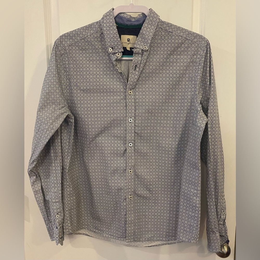 Steel & Jelly Long Sleeve Button Up Shirt Sz L White w/Blue & Green Print